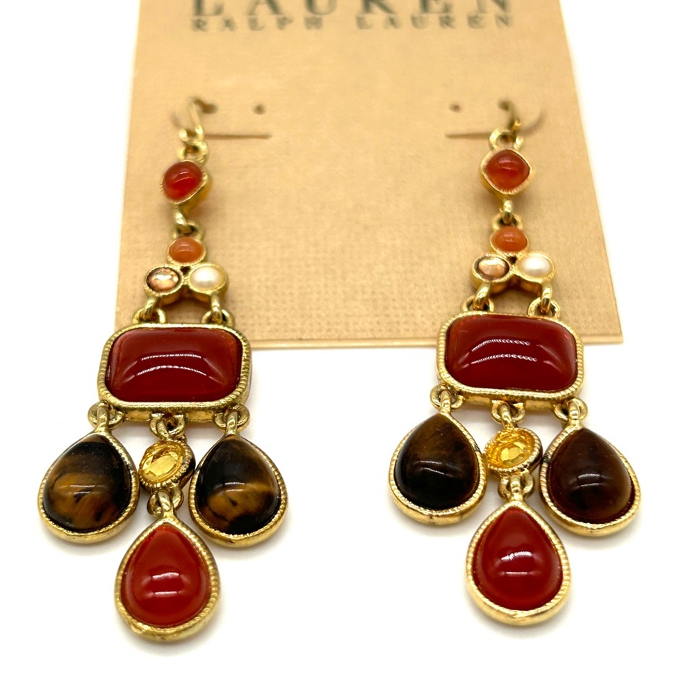 NWT Ralph Lauren Dangle Earrings & Gold Tone Graduated Bead Toggle Necklace 17" - Picture 4 of 16